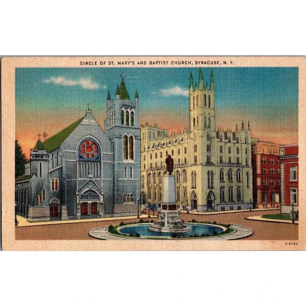 Vintage Postcard Circle of St Marys and Baptist Church Syracuse‎ NY 1944 Linen